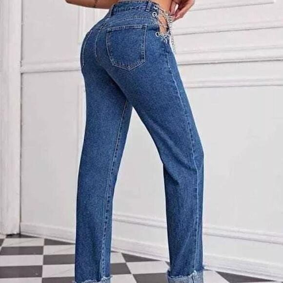 SHEIN High Waisted Chain Lace Up Jeans sz L mom jeans baggy denim - Picture 3 of 7